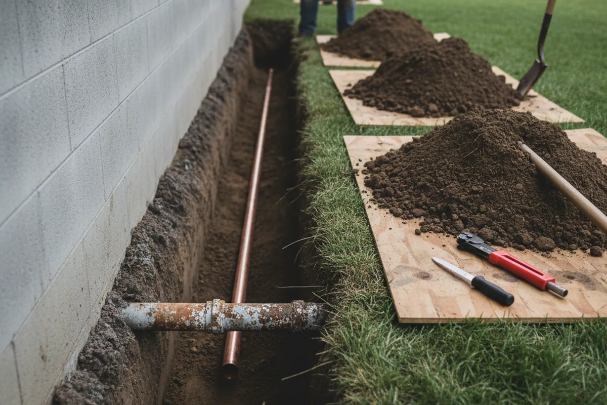 Excavated water line trench during Water Softener Installation in Byron